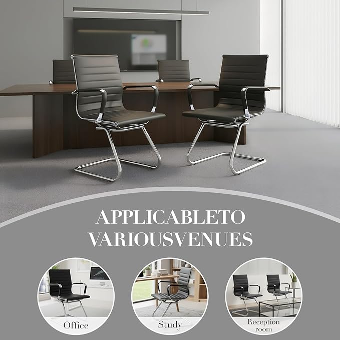 CIMOTA Waiting Room Chairs Leather Office Guest Chair Mid Back Reception Chairs with Sled Base for Meeting/Patient/Conference Room Black Set of 2