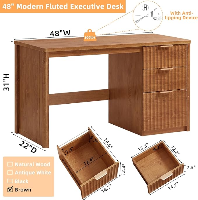 LEYAOYAO Office Desk 48 with 3 Drawers Storage File Cabinet Wood Fluted Desk for Computer Office Bedroom Home Furniture Tea Brown
