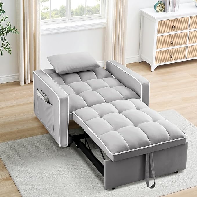 3 in 1 Convertible Sleeper Sofa Chair BedVelvet Tufted Upholstered Pull Out Sleeper Chair with Adjustable Backrest &amp Side PocketsModern Recliner Lounger Bed for Living Room/Office/Small Space(Gr