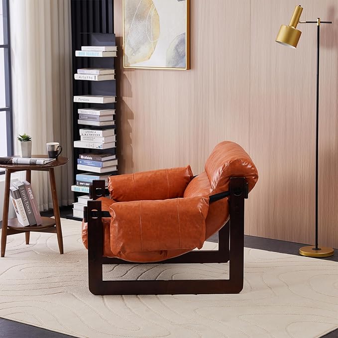 Mid-Century Modern Lounge Accent Chair Oil Waxed Leather Comfy Armchair with Thicked Cushion &amp Removable Armrests Upholstered Cozy Sofa Chairs for Living Room Bedroom Apartment Offices(Orange