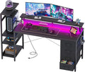 59 Inch Gaming Desk with Power Outlet and LED Lights Computer Desk with 4 Drawers &amp Storage Shelves Reversible Home Office Desk with Monitor Stand for Small Space Bedroom Carbon Fiber Black