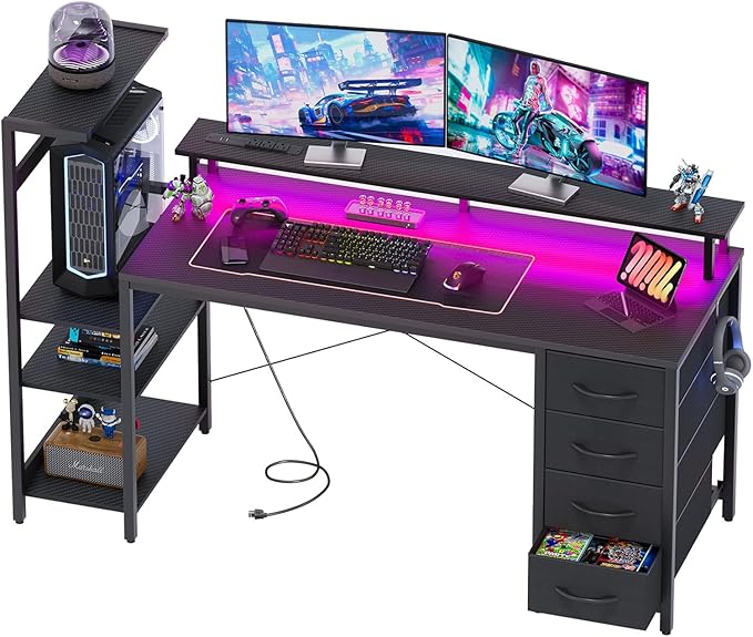 59 Inch Gaming Desk with Power Outlet and LED Lights Computer Desk with 4 Drawers &amp Storage Shelves Reversible Home Office Desk with Monitor Stand for Small Space Bedroom Carbon Fiber Black