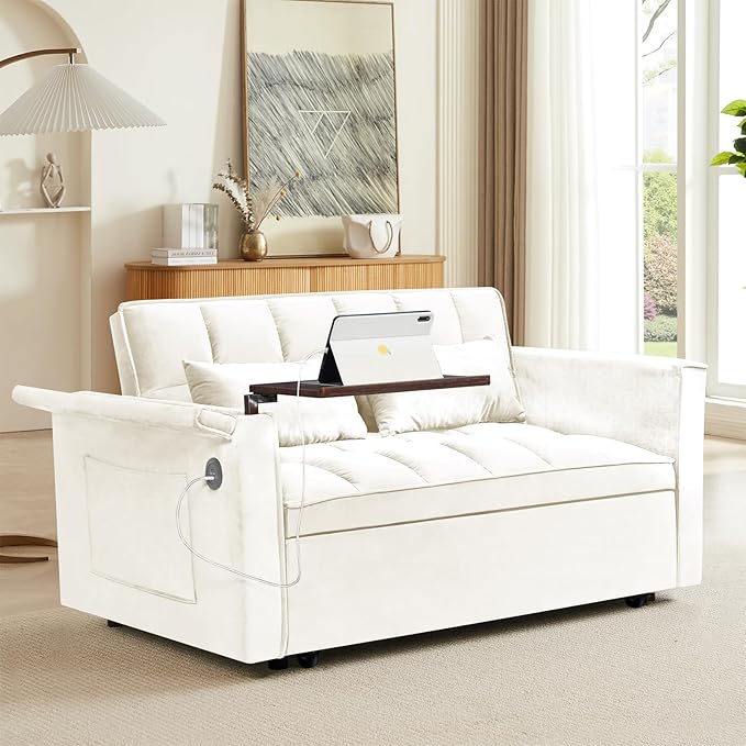 3 in 1 Sleeper Sofa BedConvertible Pull-Out Couch BedFuton Couches for Living Room with Side Pocket and Adjustable Backrest | USB Ports丨Sida Table丨Velvet Fabric | Small Loveseat CouchBeige