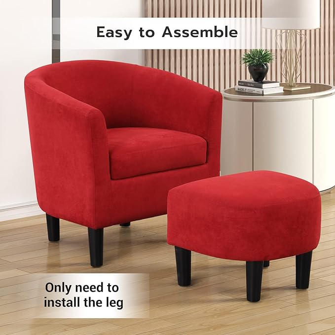 INZOY Modern Accent Chair with Ottoman Upholstered Barrel Reading Chair with Foot Rest Comfy Fabric Armchairs for Living Room Bedroom Small Spaces Easy to Assemble (Red)
