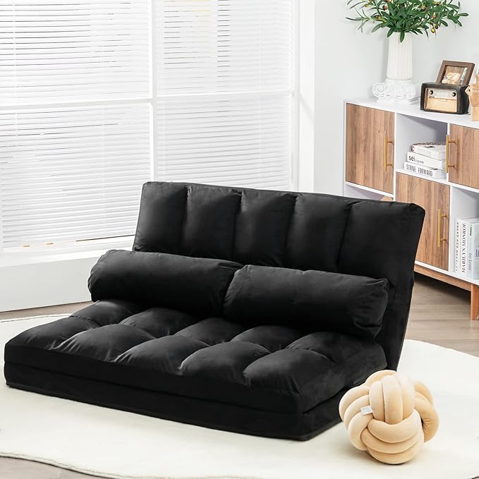 Giantex Adjustable Floor Sofa 6-Position Foldable Lazy Sofa Bed Durable &amp Stable Suede Floor Seating Couch with 2 Pillows (Black)
