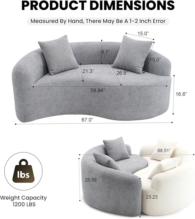 66.9'' Modular Sectional Loveseat Chenille Upholstered Boneless Curved Loveseat with Deep SeatCombination Round Sofa for Coffee Shop Game Room Office (Gray 66.9 Inch)