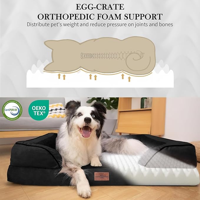 Comfort Expression Orthopedic Dog Bed for Extra Large Dogs 48x30 Inch Waterproof Egg Crate Foam XXL Pet Bed with Removable Bolsters Dog Couch with Washable Cover &amp Non-Slip Bottom Black