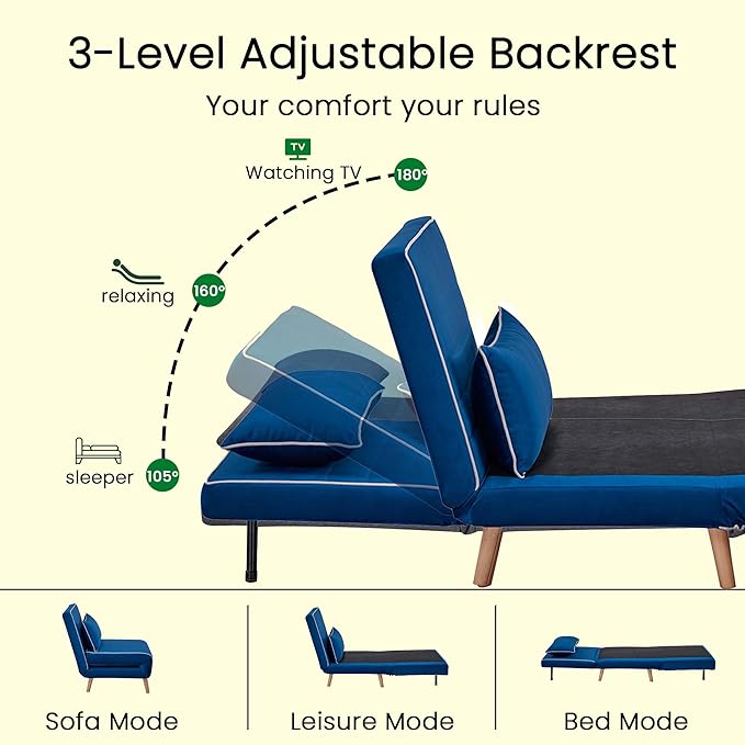 3-in-1 Convertible Sofa Bed Futon Sofa Bed with Pillow &amp Adjustable Backrest Recliner Sleeper Sofa for Small Spaces Living Room Bedroom or Office Blue 2 Set