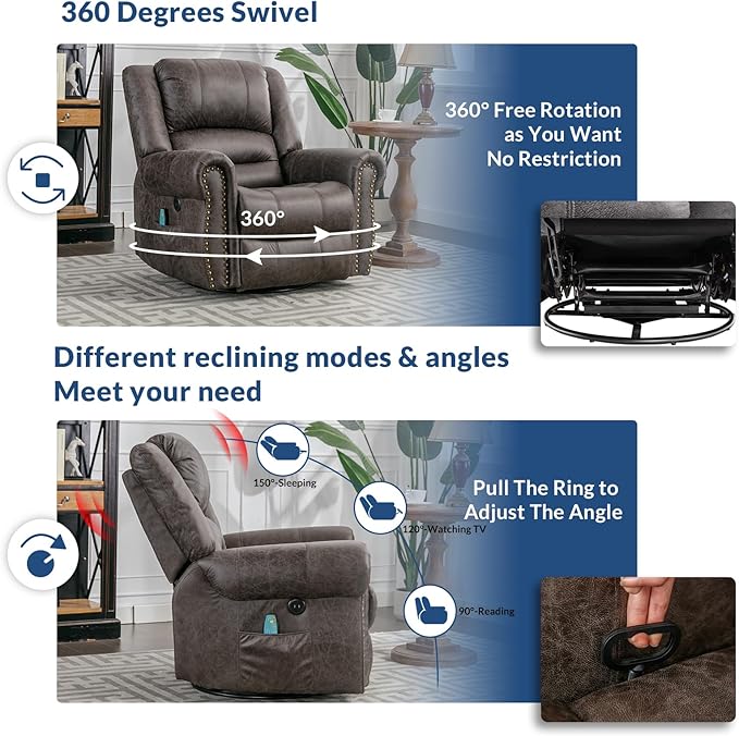 Manual Swivel Rocker Recliner Chair with Heat and Vibration 360° Swivel Glider Rocking Reclining Chair Massage Rocking Recliners with Side Pockets &amp USB Ports for Living Room Smoky Gray