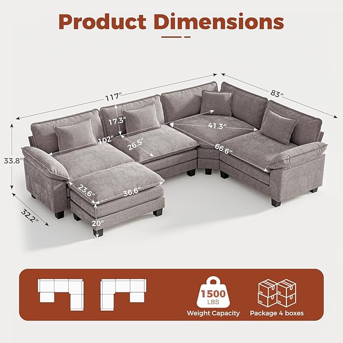 CDCASA 117 Oversized Modular Sectional Sofa with Corner Comfy L-Shaped Cloud Couch w/Ottoman 5-Seater Chenille Deep Seat Modern Sofa Couch for Living Room DIY Combination Grey