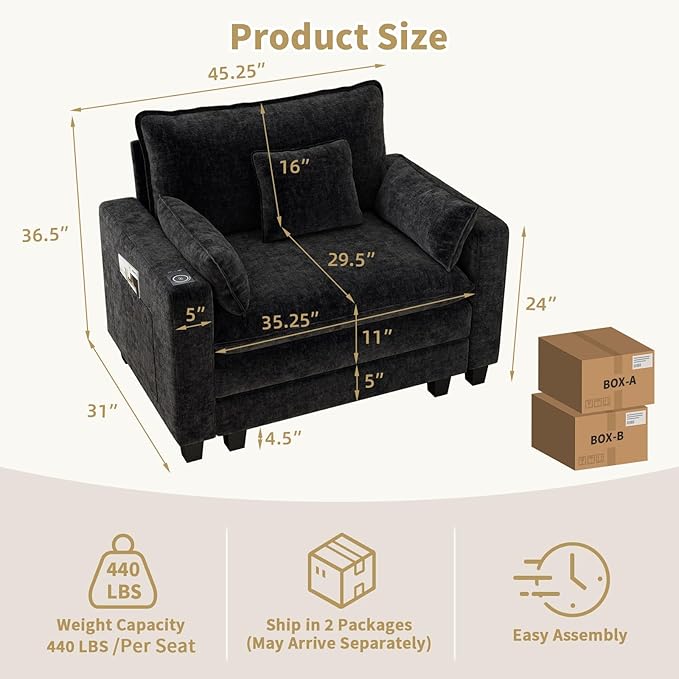 Accent Chair for Living Room with Smart Charging Module Oversized 45.25 Chenille Fabric Armchair Mid Century Modern Single Sofa Chair Comfy Reading Chair for Bedroom Apartment Waiting Room