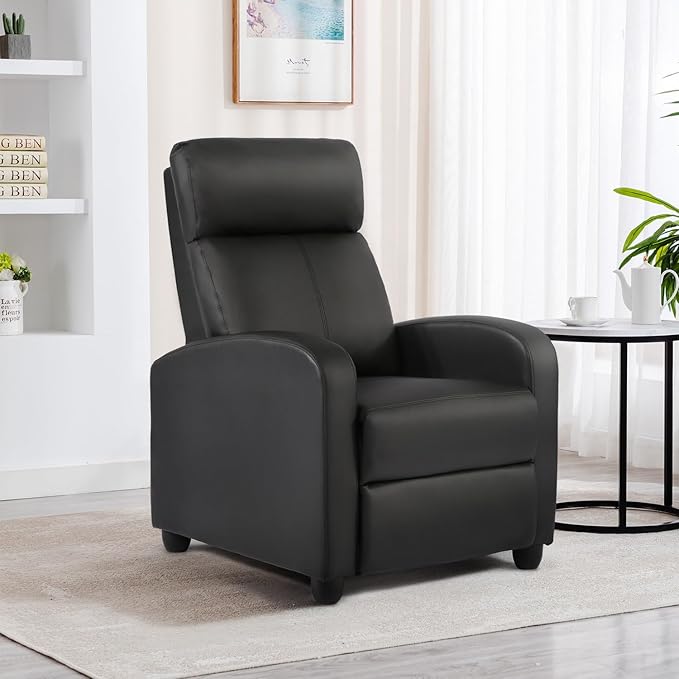 BestMassage | Recliner Chair | No Massage Function | Leather Black | with Lumbar Support Adjustable Push Back Wide Armrests Footrest &amp Padded Seat | Easy Assembly | for Living Room Home Theatr