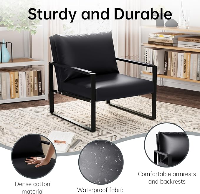 Accent Chair Set of 2 Leather Modern Comfortable Waiting Room Chairs Easy to Clean Couch Chair for Living Room Bedroom Office (Black)