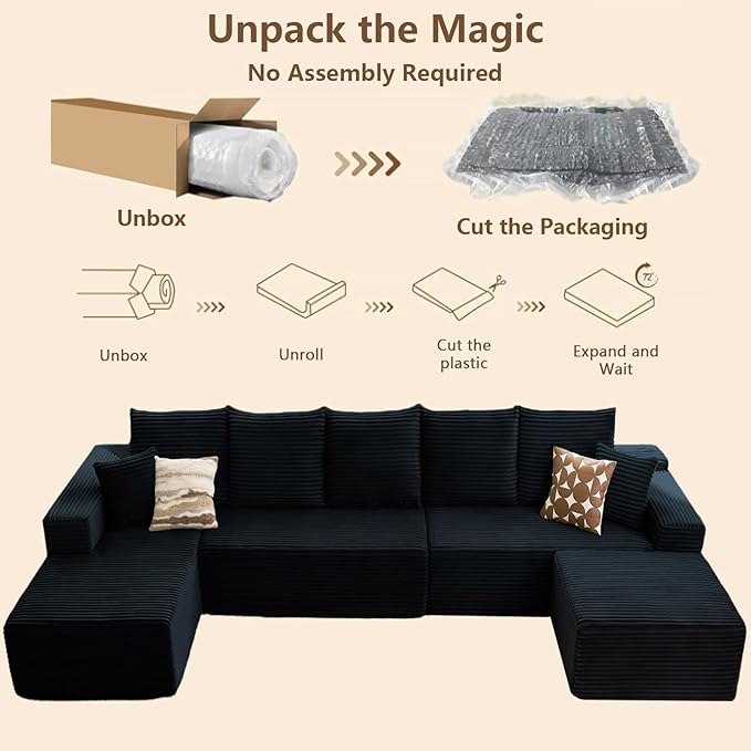 Cloud Modular Sectional Sofa for Living Room167x69.7 Oversized U-Shaped Couch with 7 PillowsBig Comfy Couches SetFluffy Corduroy Sofa with Ottoman &amp ChaiseNo Assembly(BlackLeft-Facing Chaise)