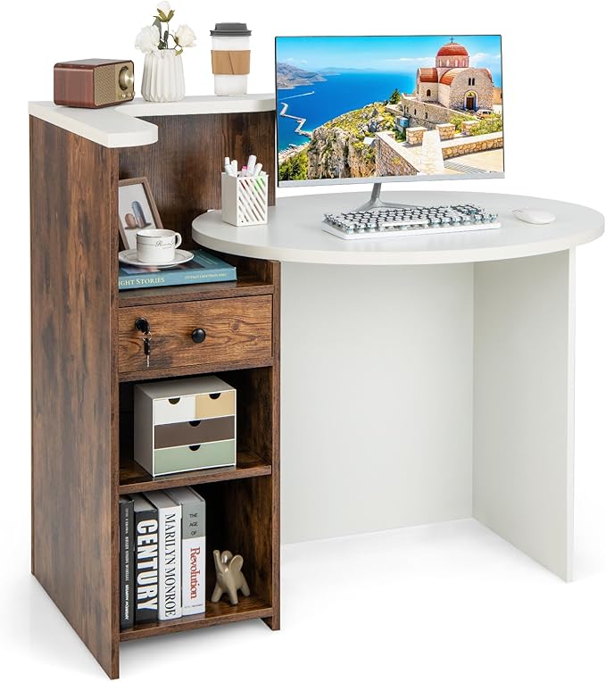 Reception Desk Front Desk Reception Counter with Oval Desktop Open Shelf &amp Lockable Drawer Small Retail Checkout Counter Table Wood Computer Workstation for Home Office Lobby &amp Salon