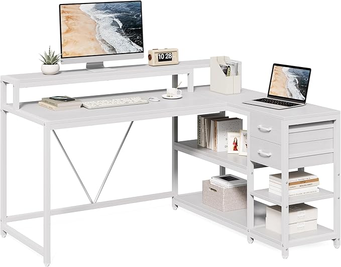 LITTLE TREE 55-Inch L-Shaped Computer Desk Reversible Computer Desk with Drawers and Storage Shelves Corner Desk Gaming Desk Work Desk for Home Office White