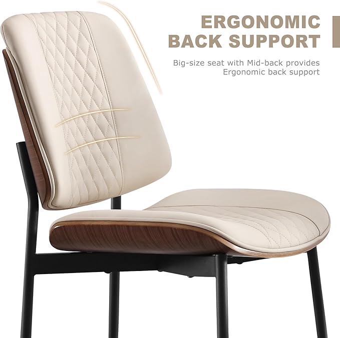 BV Dining Chairs Set of 2 PU Leather Armless Kitchen Chair in Modern Walnut Style Mid Century Bentwood Side Chair with Metal Legs Retro Accent Guest Chair for Kitchen Dining Room(Beige)