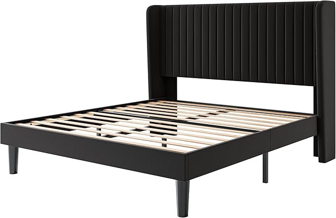 SHA CERLIN Queen Size Velvet Bed Frame with Vertical Channel Tufted Wingback Headboard Upholstered Platform Bed with Wood Slats No Box Spring Needed Easy Assembly Black