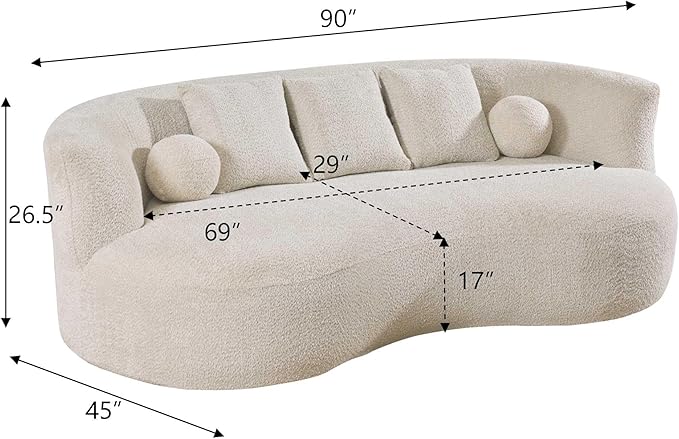 Christopher Knight Home Nomad Curved Sofa 90 Boucle Upholstered 3 Seater Couch with Decor Cushions Modern Cloud Couch with Deep Seat Fabric Upholstered Seating Set for Living Room Bedroom Beige