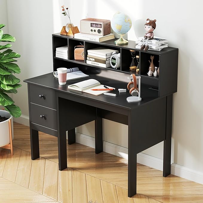 COSTWAY Writing Desk with USB Charging Ports &amp Power Outlets 48 Computer Desk with Drawers &amp 5-Cubby Hutch Study Table Computer Work Station for Home Office (Black)