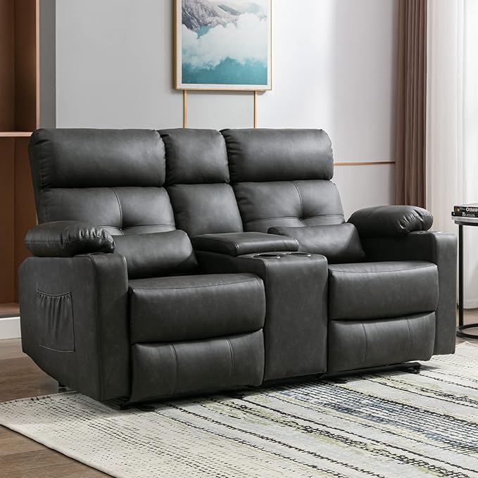 Power Reclining Loveseat with Console Power Loveseat Recliner Sofa with Heat and Massage Extended Footrest Wall Hugger RV Recliner with Cup Holders Lumbar Support for Living Room