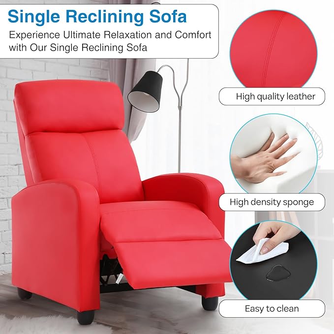 Recliner Chair Living Room Chair PU Leather Reclining Sofa Lounge Home Theater Seating with Lumbar Support Overstuffed High-Density Sponge Push Back Recliners Armchair for Living Room Red