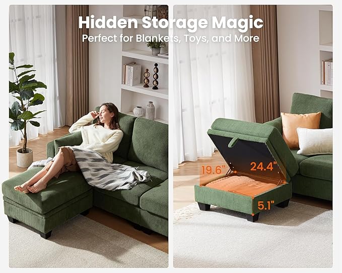 CHIC HOUSE Modular Sectional Couch| Corduroy L Shaped Sleeper Sofa U-Shape Sofa Bed Convertible Chaise with Storage Ottoman for Living Room Modern Furniture (8 Seater L-Shaped Green)