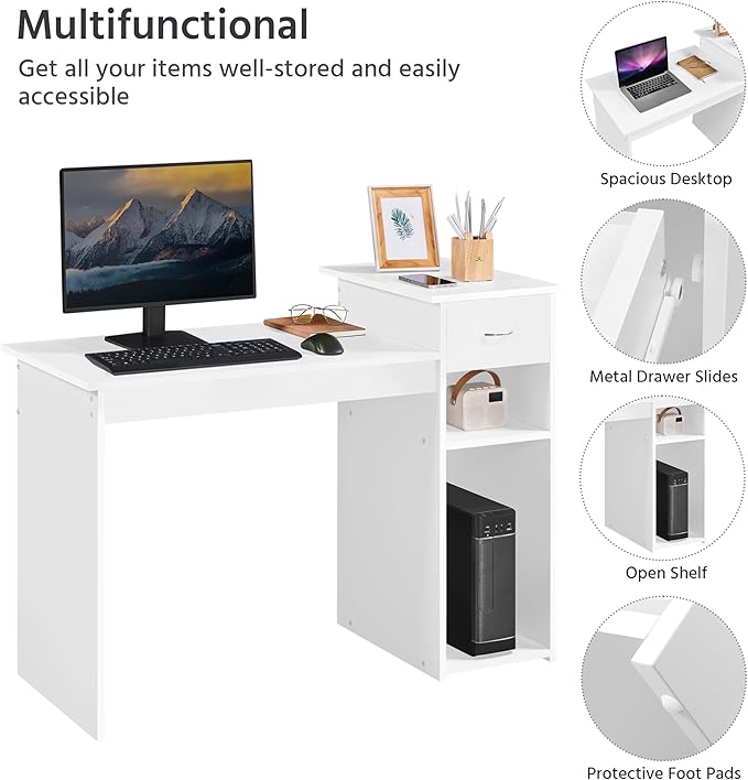 Yaheetech Home Office Computer Desk with Storage Drawer &amp Monitor Shelf Writing PC Laptop Table Desk Study Workstation Furniture for Small Spaces White