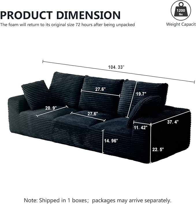 104.3“ Modular Sectional Cloud Couch Boneless Couches for Living Room 3 Seater Modern Lounge Couch No Assembly Required Black