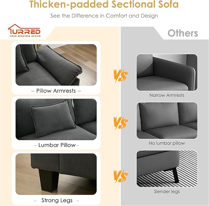 URRED Cloud Couch Modular Sectional Sofa 122'' Modern L Shaped Deep Seat Sofa with Ottoman &amp Pillows Ultra Comfy Velvet Couches for Living Room Bedroom or Apartment Dark Gray