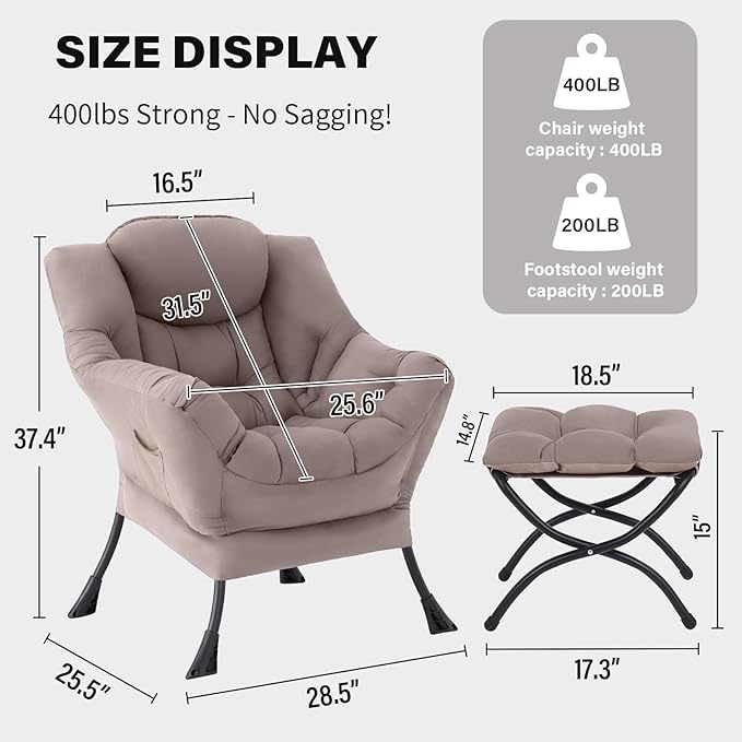 Tiita Lazy Chair with Ottoman Khaki Modern Large Accent Chair Comfy Leisure Sofa Armchair with Ottoman Reading Chair with Footrest for Bedroom Living Room Dorm Rooms Khaki