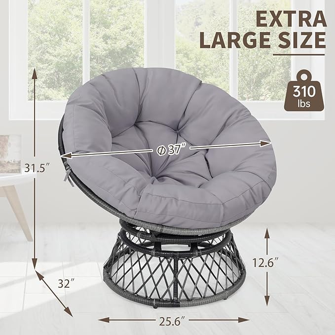 40 Ergonomic Wicker Papasan Chair 360° Swivel Indoor Outdoor Rattan Chair with Soft Thick Cushion Ideal for Living Room Bedroom Reading Room Grey Frame with Light Grey Cushion