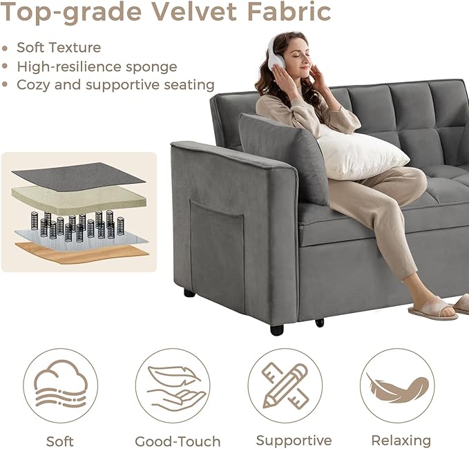 ANJ 3 in 1 Convertible Sofa Bed Pull Out Futon Loveseat Sleeper Sofa Couch with Adjustable Backrest Storage Pockets 2 Pillows for Living Room Bedroom