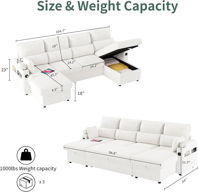 104.7 U-Shaped Sectional Sofa Couch Pull-Out Sleeper Sofa Bed with Storage Chaise Double Cup Holders Dual USB Charging Ports Couches for Living Room Apartment
