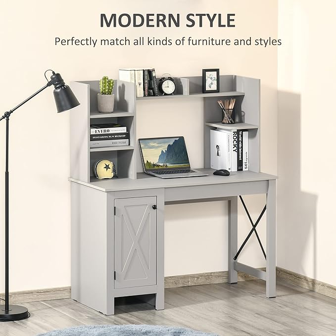Farmhouse Computer Desk with Hutch and Cabinet Home Office Desk with Storage for Study Light Grey