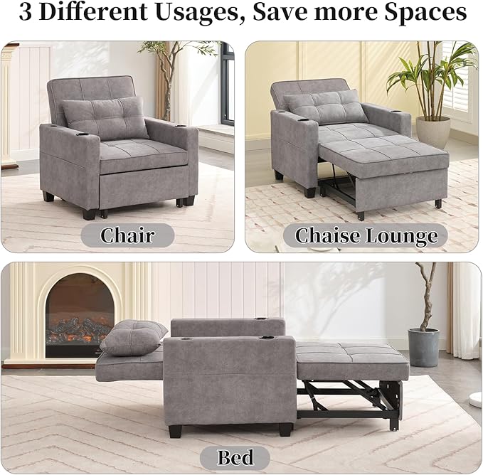 Sleeper Chair Bed Convertible Chair Bed Pull Out Chair Beds with USB Charging &amp Cupholders Adjustable Backrest Leather Futon Chair Bed for Living Room Bedroom (Light Grey(Cloth))