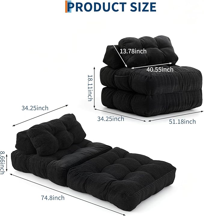 Folding Sofa Bed Convertible Sleeper Chair with Pillow Foldable Matress with Back Support Portable Fold Out Chair Bed Comfy Floor Sofa Lounge for Living Room Bedroom Black Single