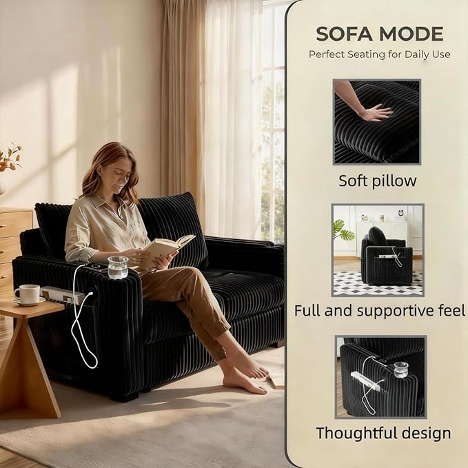 Dreamzie 53 Pull Out Couch 3 in 1 Convertible Sleeper Sofa Bed Corduroy Fabric Double Loveset with Pull Out Bed USB Port Side Pockets and Cup Holders for Living Room and Apartment Black