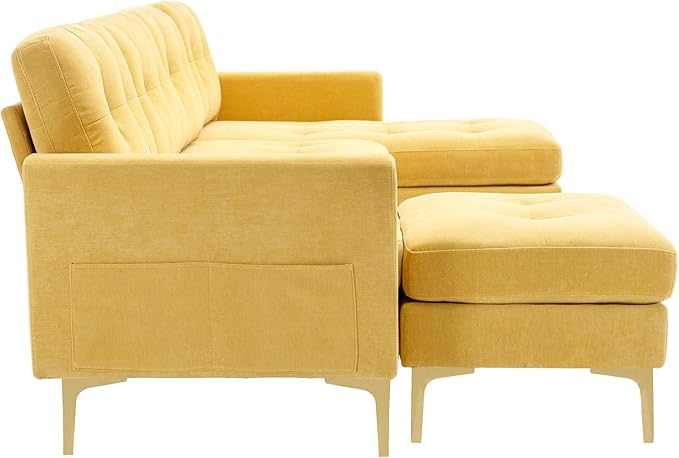 Merax Velvet L-Shape Sofa 4 Seat with Chaise and Movable Ottoman 110.6 Sofa Couch for Living Room Apartment Office (Yellow)