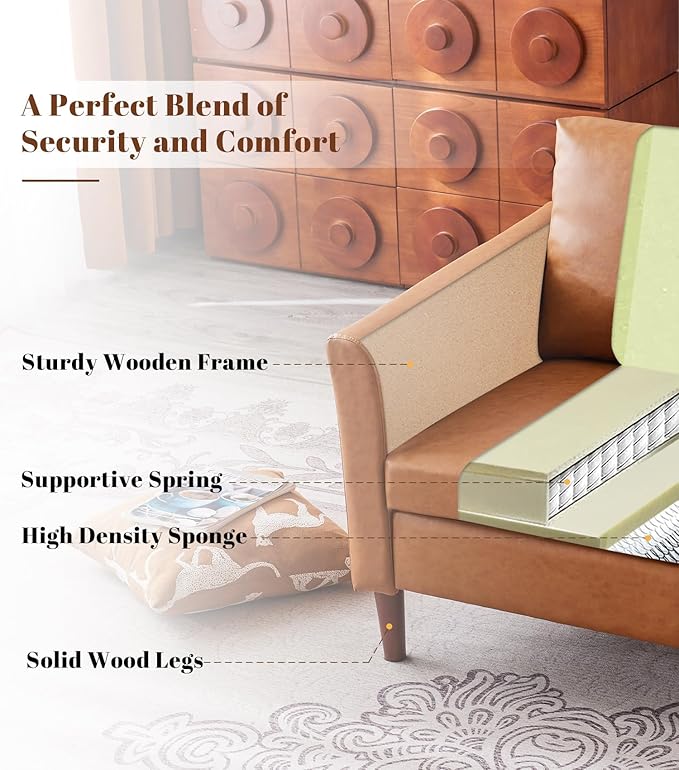 Kingfun Living Room Furniture Sets 3 Seater Sofa Loveseat and Loveseat Mid Century Modern Sofa Set Faux Leather Couch with Solid Wood Frame for Living Room &amp Bedroom Chestnut