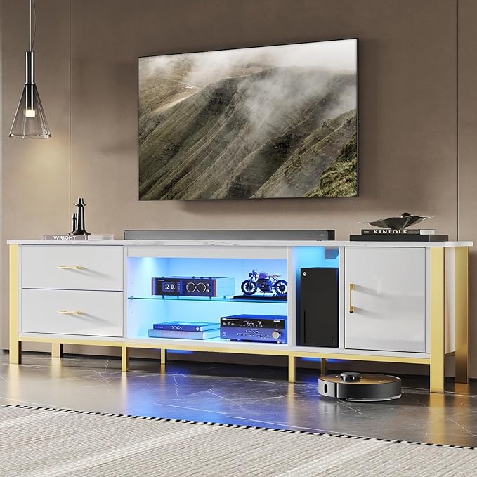 Bestier TV Stand for 75/80/85 inch TVs LED Gaming Entertainment Center Media Console with Glass Shelves for Living Room 2 Storage Drawers &amp Cabinets for Bedroom White Glossy