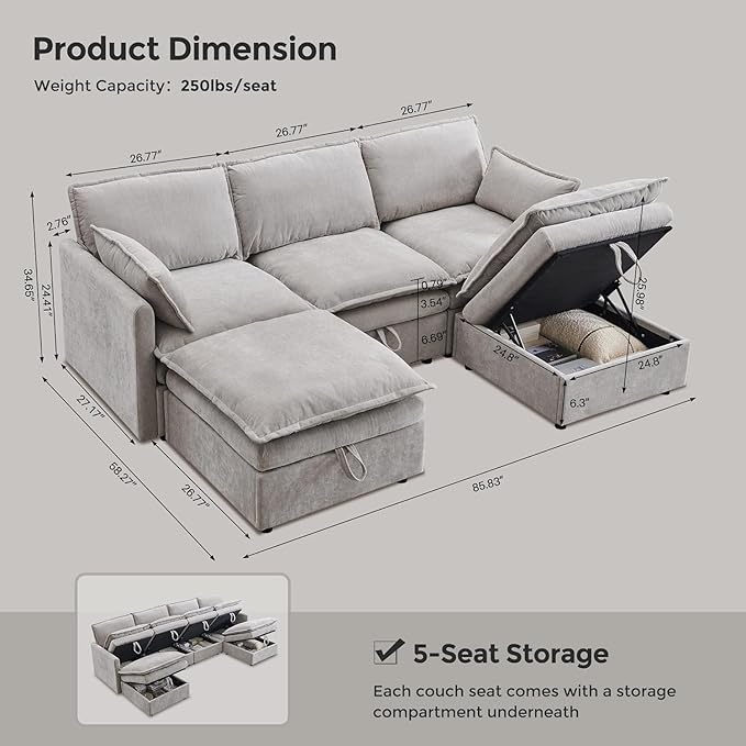 88.98 Cloud Couch Sectional with Storage Ottoman Sectional Couches for Living Room U-Shape Modular Sectional Sofa with 5 Seater Chenille Sofa and Pillow for Apartment BedroomLight Grey