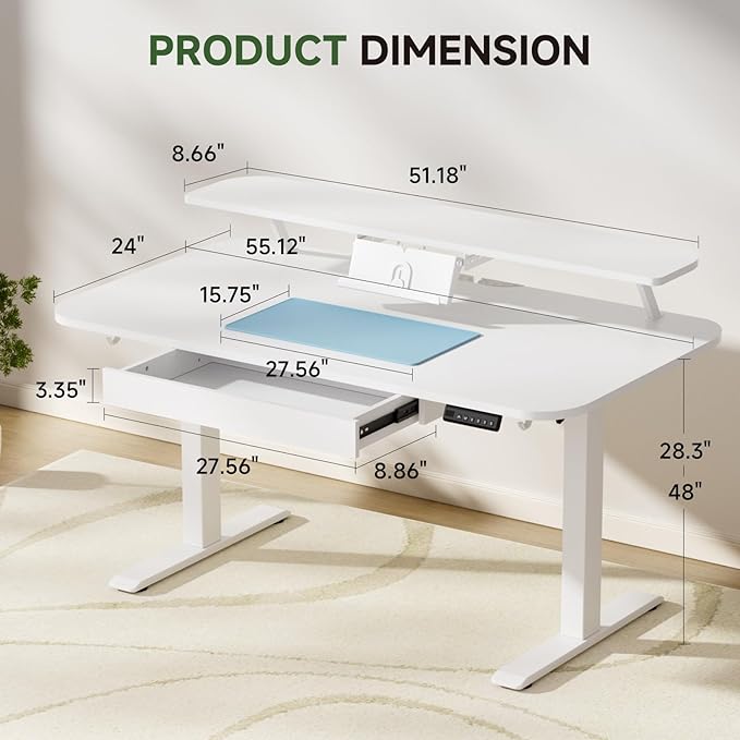 GTPLAYER Electric Standing Desk with Drawers 55 x 24 Inches Height Adjustable Computer Desk with Monitor Stand Laptop Stand Sit Stand up Desk with Memory Preset for Home Office White