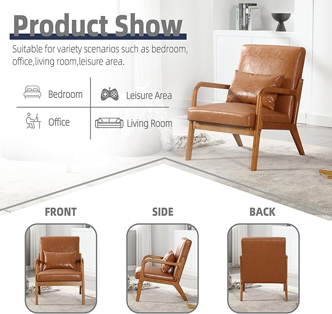 Modern Accent Chair Solid Wood Padding Lounge Armchairs with One Pillow for Living Room Bedroom Guest Room (Light Brown PU)