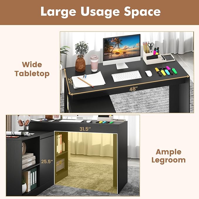 Giantex 48 Reversible L-Shaped Computer Desk Modern Corner Computer Workstation with 2 Doors &amp 4 Open Storage Cubes Large Executive Desk for Home Office White/Black (Black)