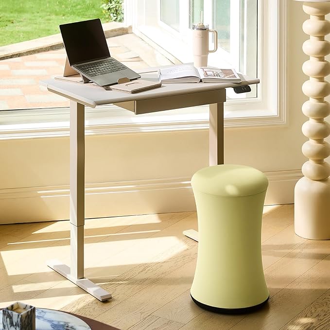 TopJob AnyDesk Hub Electric Standing Desk Height Adjustable Small Desk with Built-in Drawer &amp Wide Desktop Wire Slot &amp Cable Management Curved Waterfall Edge 2 Memory Settings (Cream)