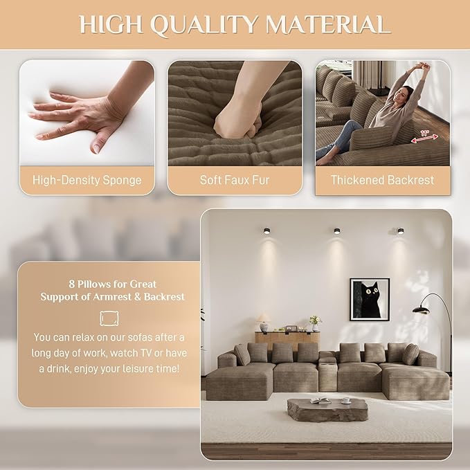 Modular Sectional Sofa with USB Cup Holders Storage 143 U Shaped Cloud Couch Plush Corduroy Deep Seat Boneless Sofas with Double Chaise Lounge Sectional Couches Memory Foam for Living Room - Camel
