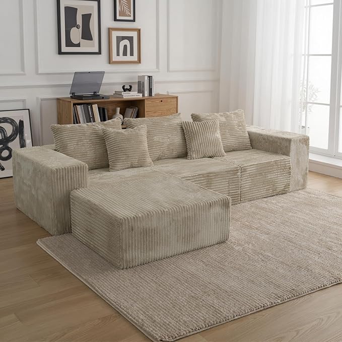 Sytopia 109 L-Shaped Cloud Couch Boneless Modular Sectional Sofa with Deep Seat for Living Room Bedroom Modern Couch Corduroy Comfy Sleeper Futon Sofa Bed 40D Foam Left Facing