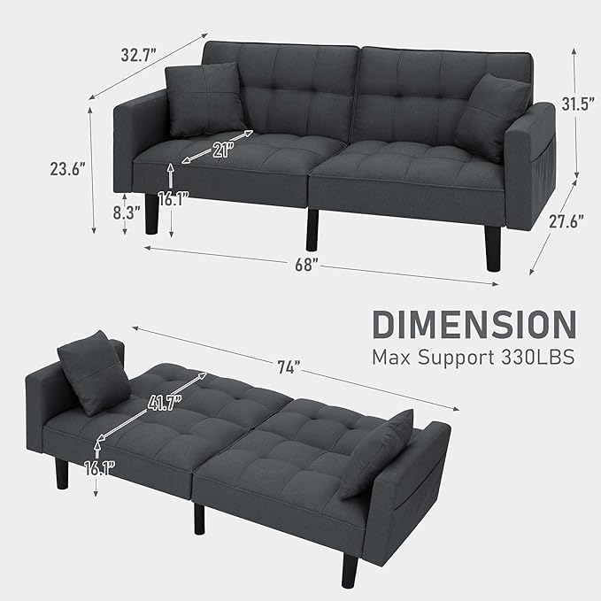 ECOTOUGE Futon Sofa Bed 74 Convertible Sofa Bed with Adjustable Backrest Modern Linen Fabric Loveseat Sleeper Sofa with 2 Pillow &amp Side Pockets Futon Couch for Living Room Bedroom Office Grey