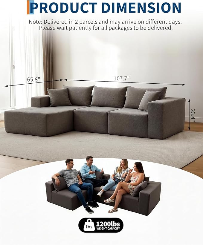 GarveeLife 108” Modular Sectional Sofa Cloud Sectional Couch with L-Shape Chaise Modern Modular Deep Seat Sofa Couch Upholstered Boneless Couches for Living Room Bedroom Left Facing Chaise Grey